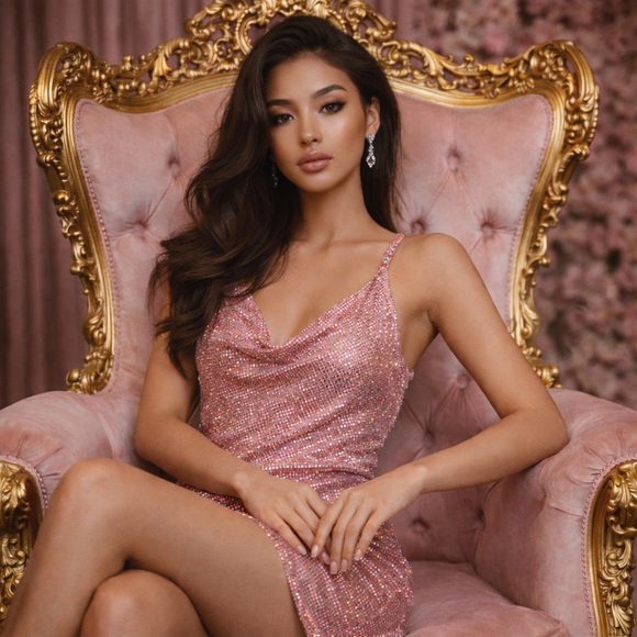 Custom Made Dresses & Skirts - Custom Made Halter Dress With Pink Shimmering Rhinestones - Size 2